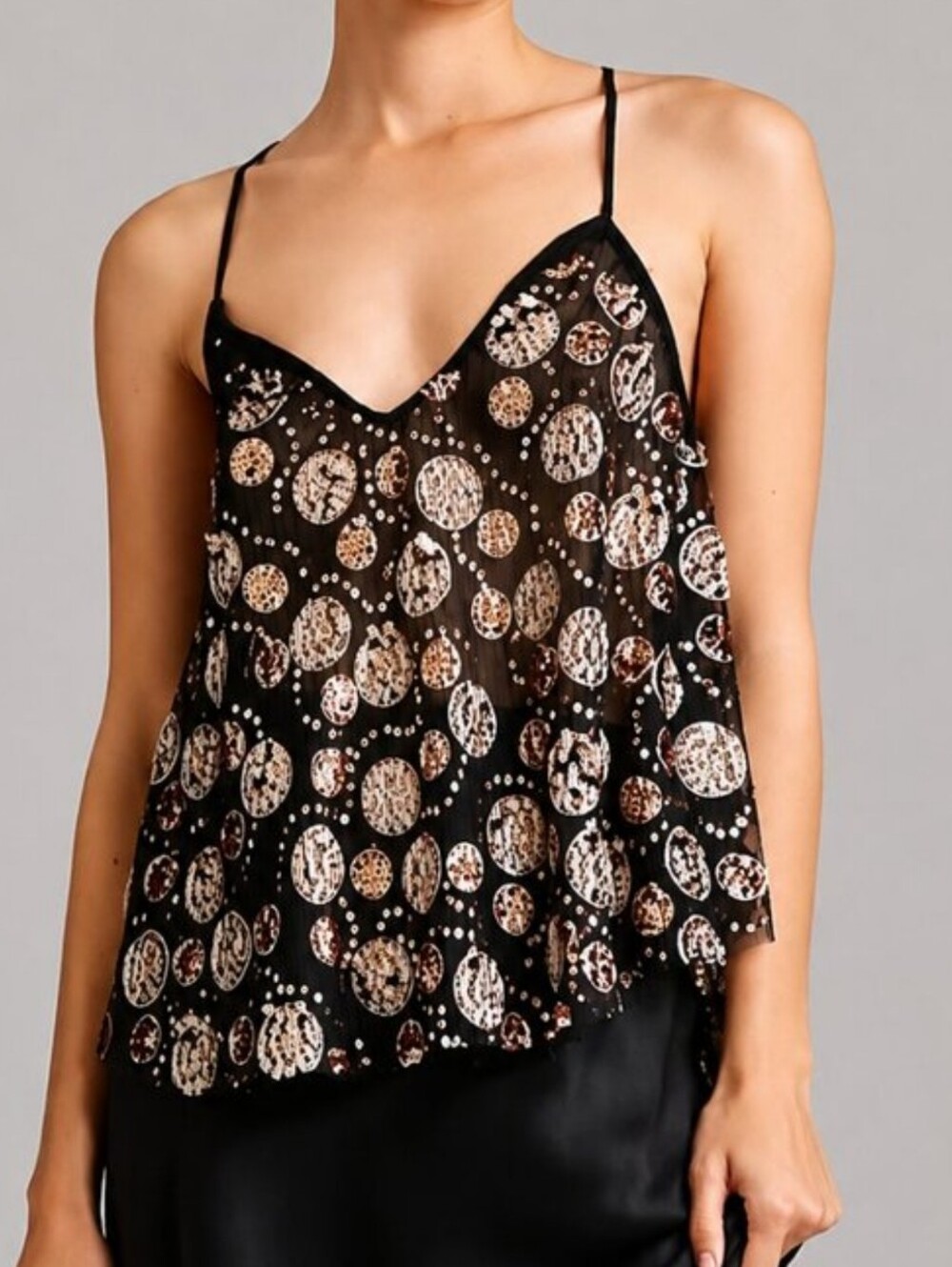 Anthropologie NEW Let Me Be Embellished Black Gold Sequin Cami Top SZ XL Party
